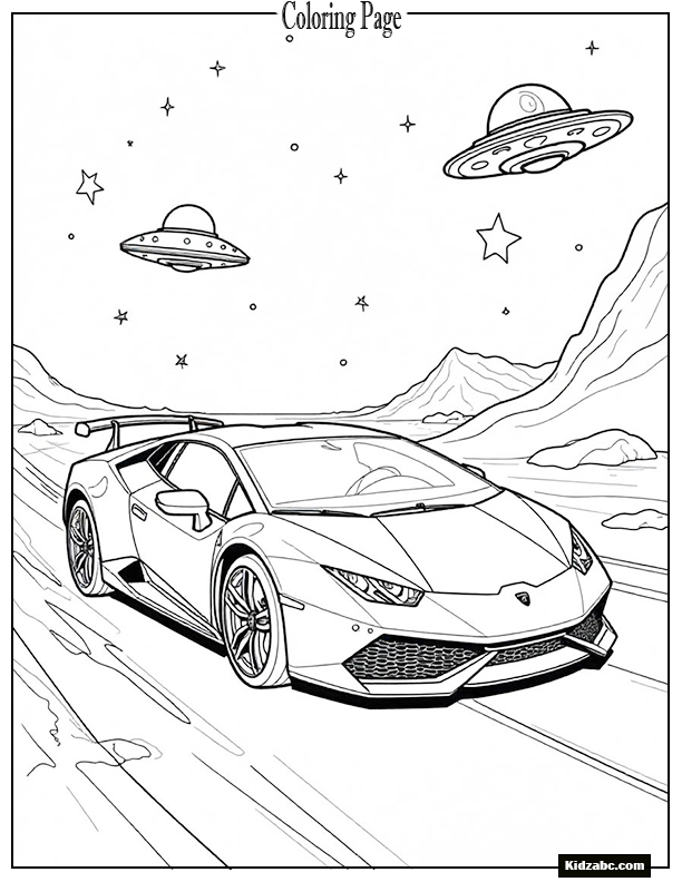 Space-themed Lamborghini racing with UFOs under starry sky