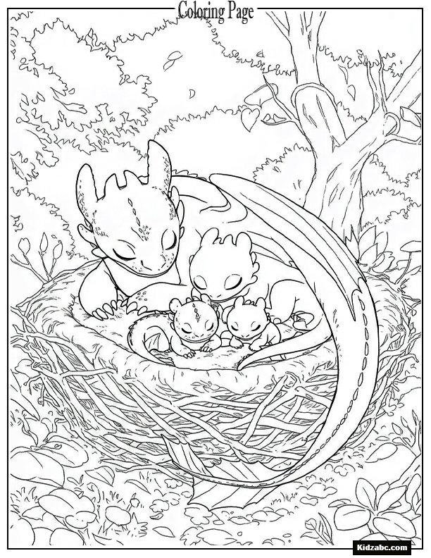 Toothless, Light Fury, and their babies napping in a nest