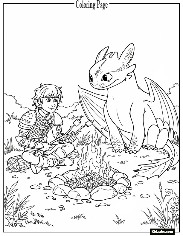 Toothless roasting marshmallows with Hiccup by a campfire