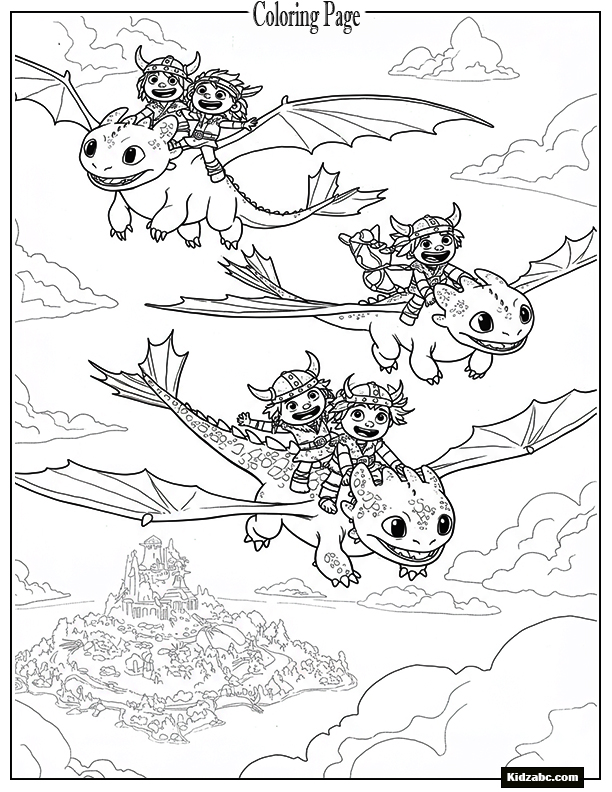 Viking kids riding baby dragons above Berk
