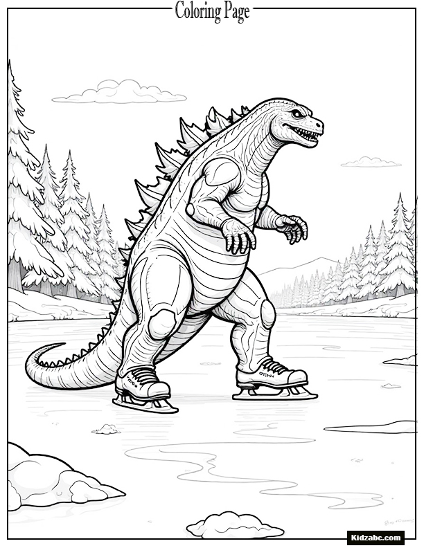 A Godzilla-like monster ice skating on a frozen lake