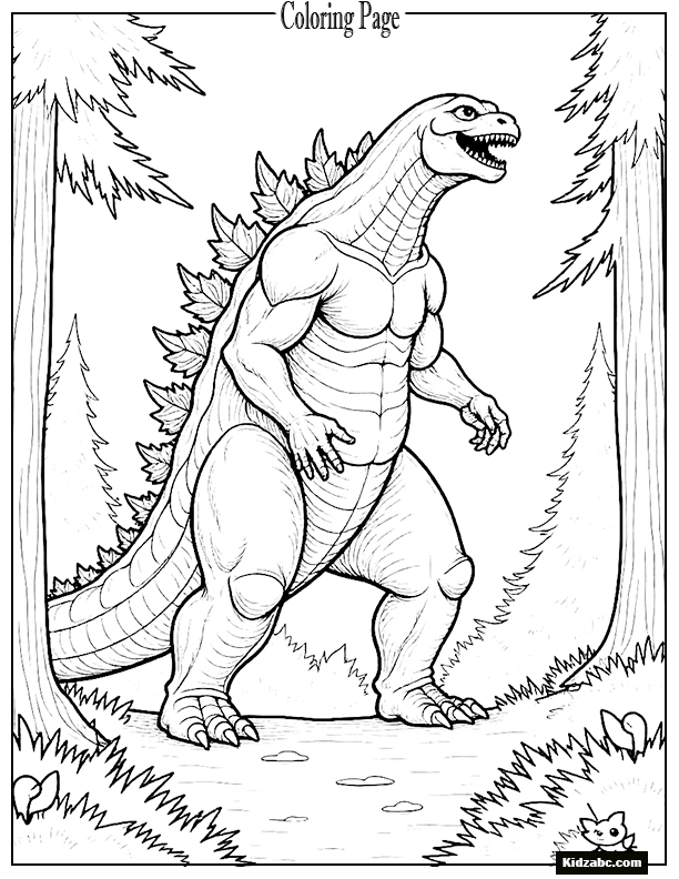 A Godzilla-like monster towering over a forest, peacefully walking past animals