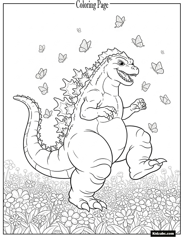 A Godzilla lookalike dancing in a flower field with butterflies