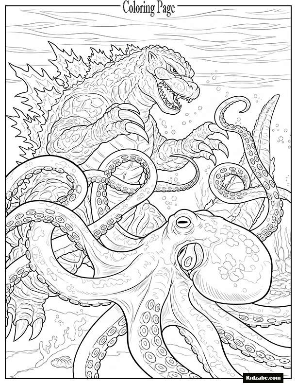 A Godzilla-style monster fighting an octopus sea monster underwater