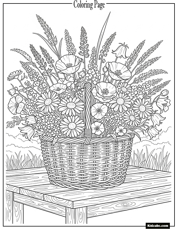 A basket full of wildflowers on a wooden table