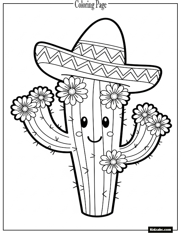 A cactus with flowers blooming on top, wearing a sombrero