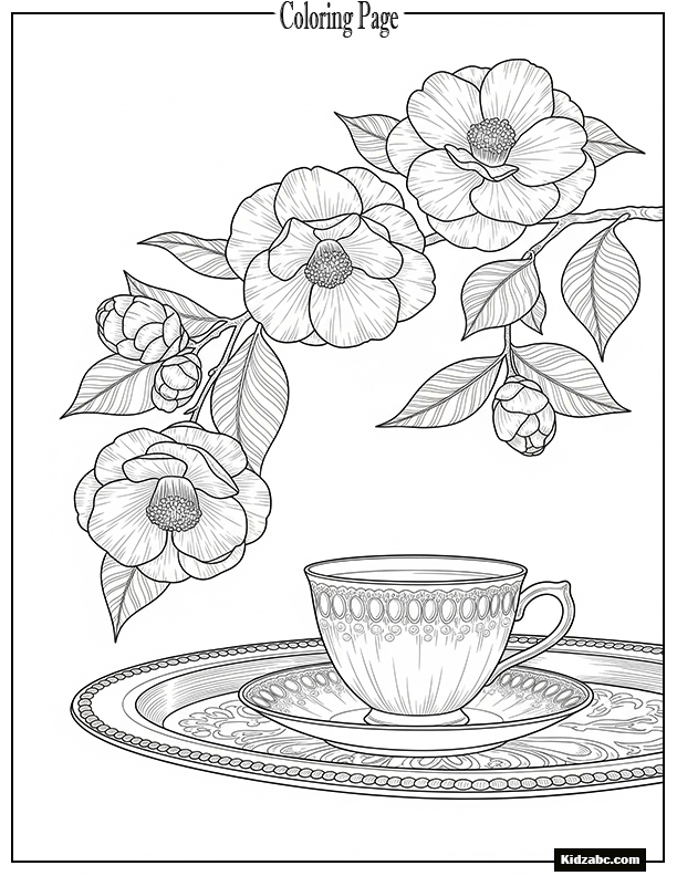 A camellia branch arching above a traditional teacup on a tray.