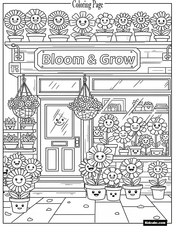 A cartoon-style flower shop with smiling flowers peeking out from pots