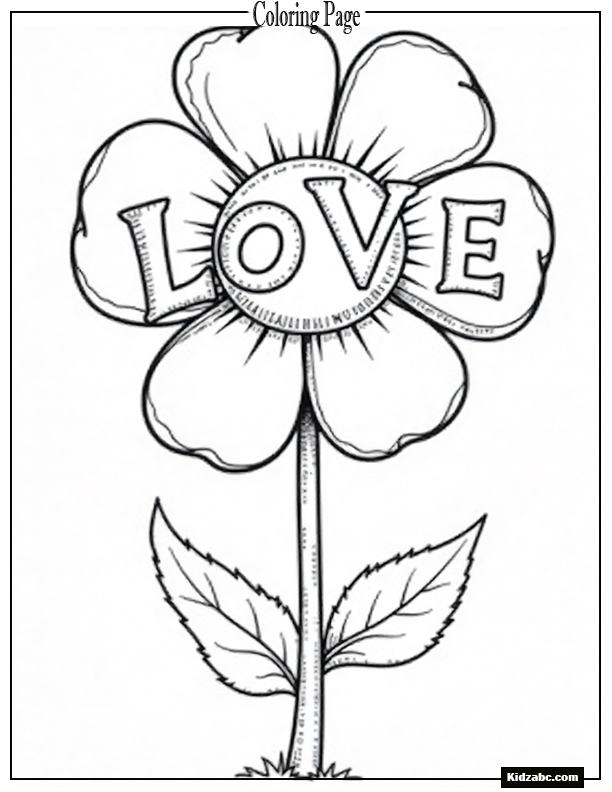 A cartoon-style flower spelling the word “LOVE”
