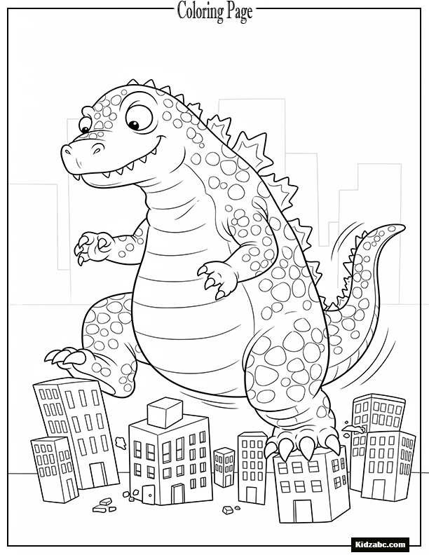 A cartoonish, friendly version of a giant lizard monster stomping on buildings playfully