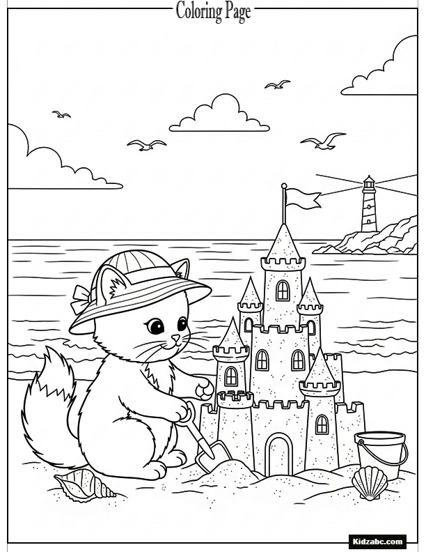 A cat at the beach building a sandcastle