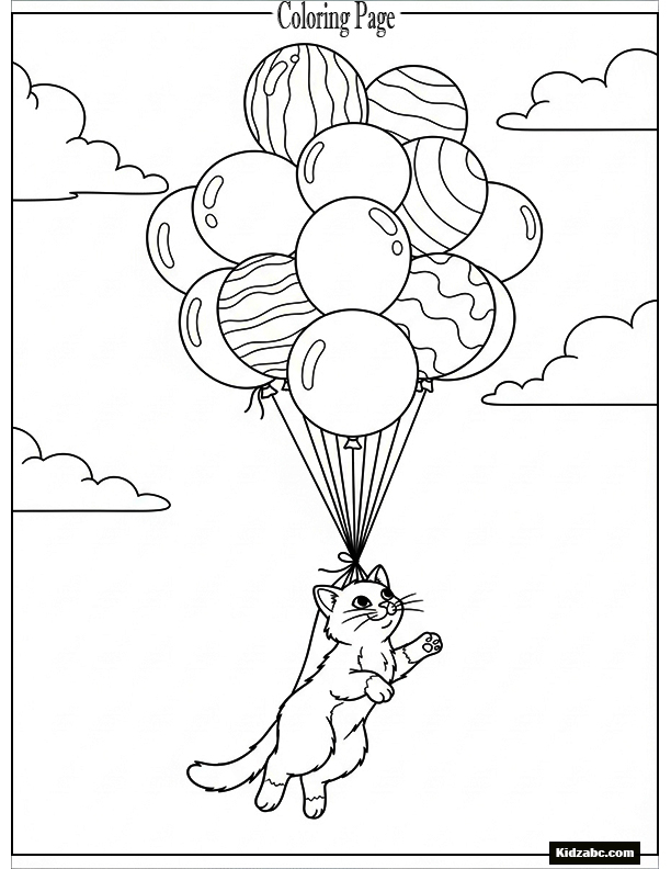 A cat floating with balloons in the