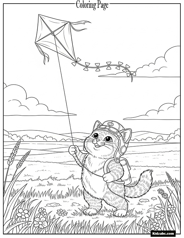 A cat flying a kite in a field