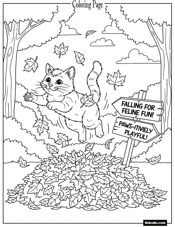 A cat jumping into a pile of leaves