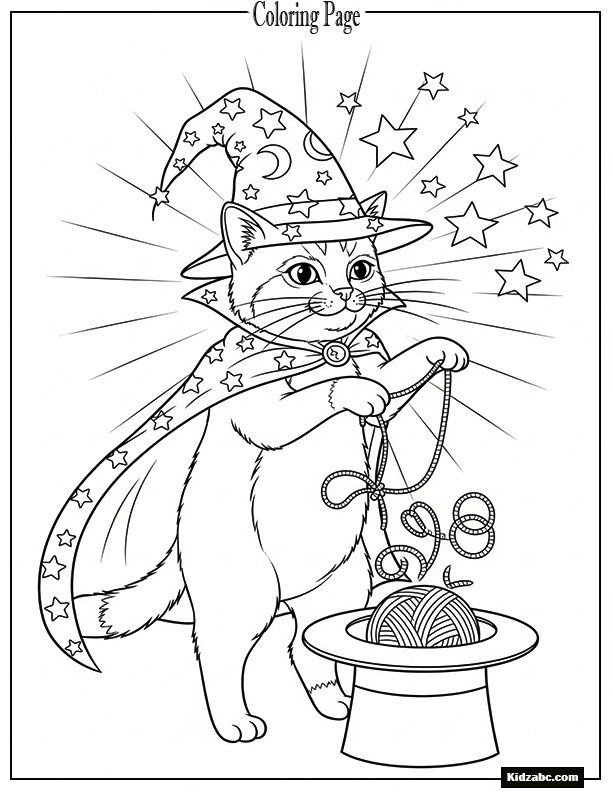 A cat magician pulling yarn out of a hat