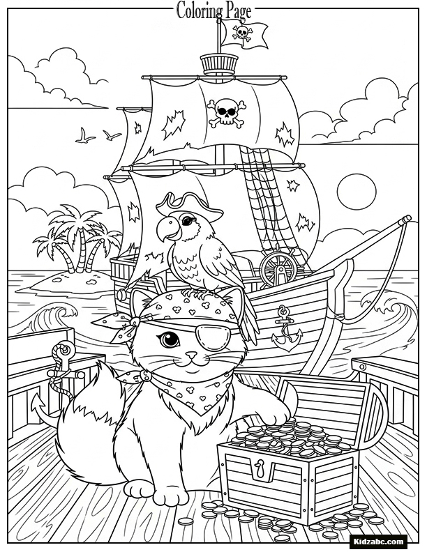 A cat on a pirate ship with a parrot
