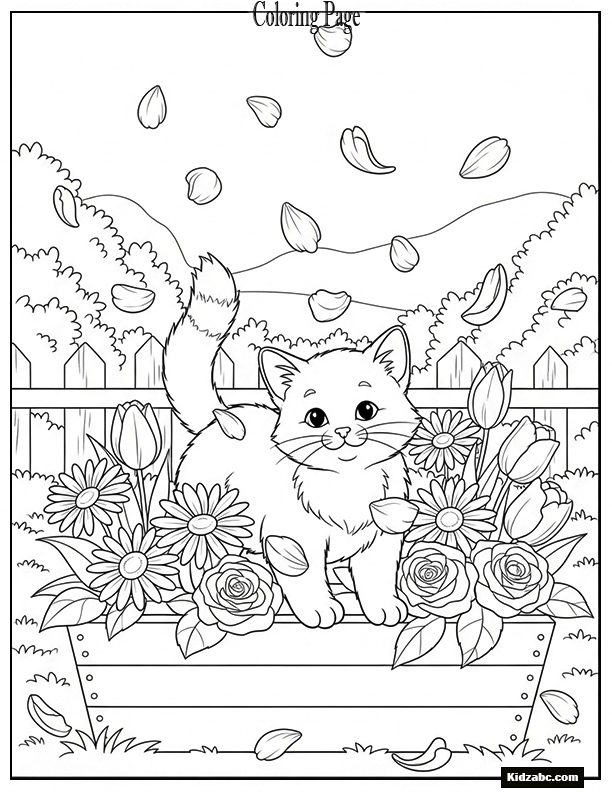 A cat playing in a flower box, petals flying everywhere