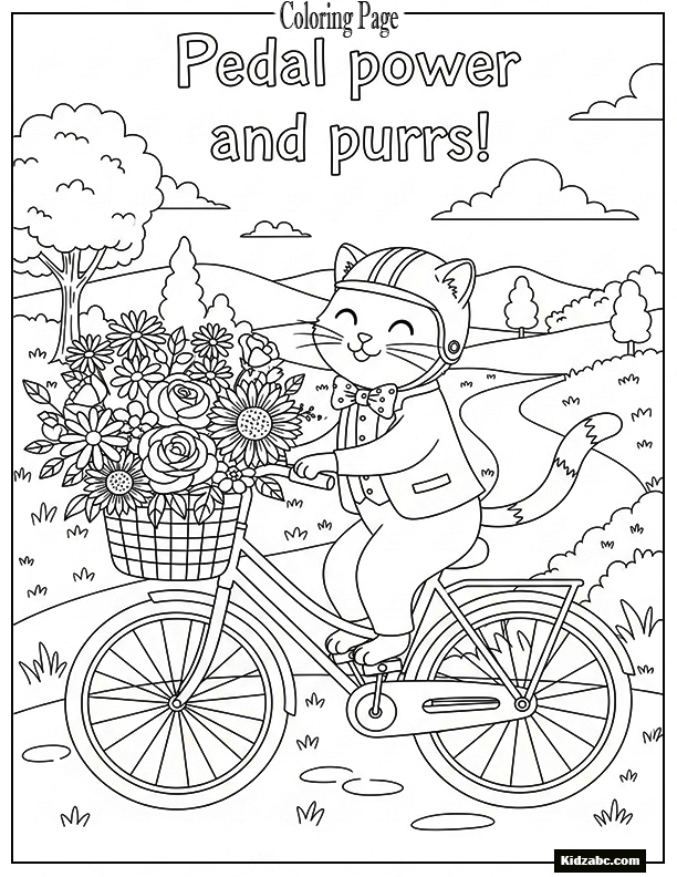 A cat riding a bike with a basket of flowers