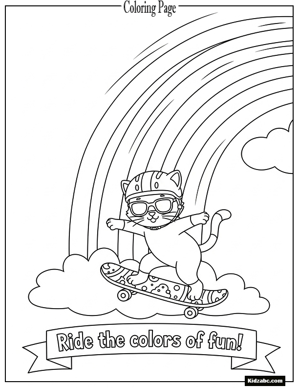 A cat skateboarding down a rainbow