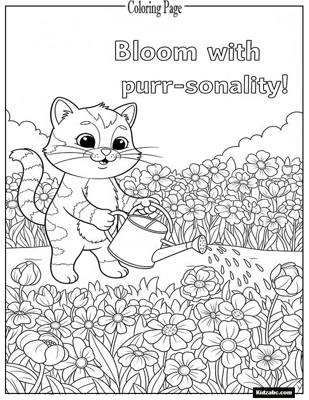 A cat watering flowers with a watering can