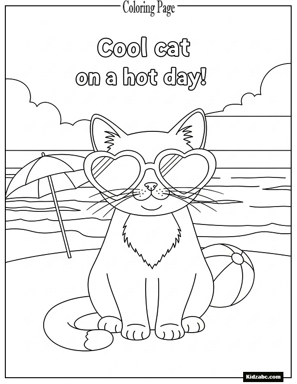 A cat with heart-shaped sunglasses at the beach