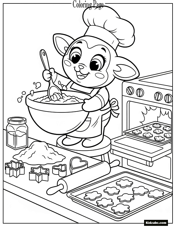 A cute animal chef named Sprunki is happily baking cookies
