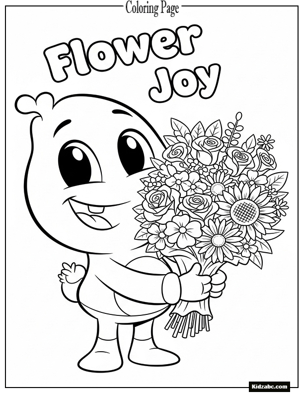 A cute character happily holding a large bouquet of flowers