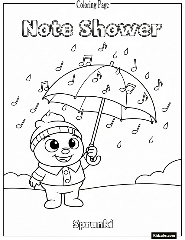 A cute character holds an umbrella in a musical shower