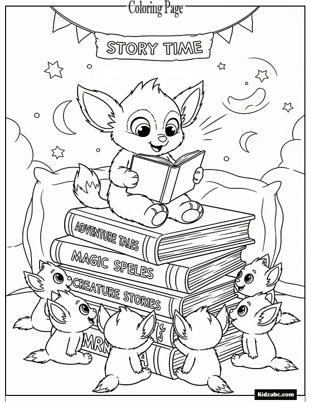 A cute fox reads adventure stories to a group of kits