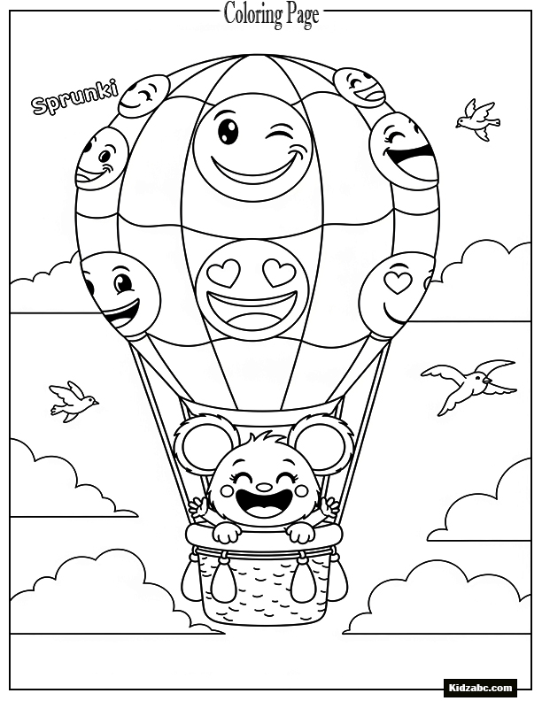 A cute mouse character flying in an emoji hot air balloon