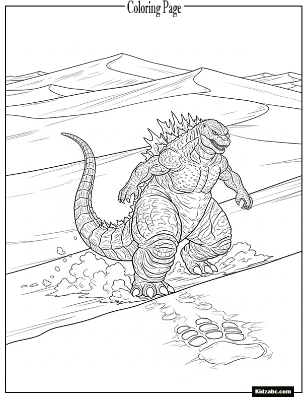 A desert-themed Godzilla stomping through sand dunes