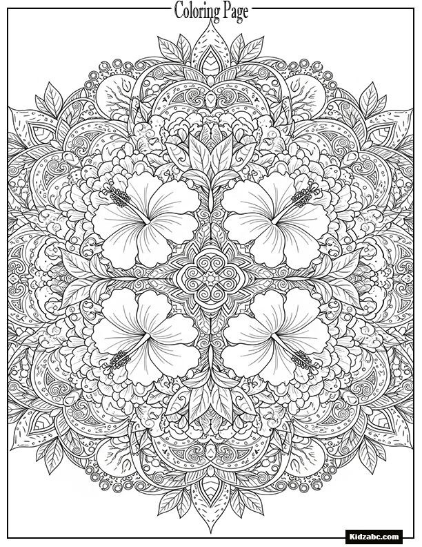 A detailed mandala of blooming peonies and hibiscus
