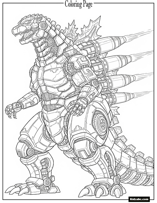 A detailed mechanical version of Godzilla with rocket boosters and armor plates