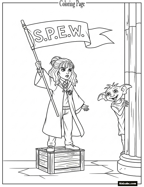 A determined Hermione standing on a small crate, passionately holding a S.P.E.W