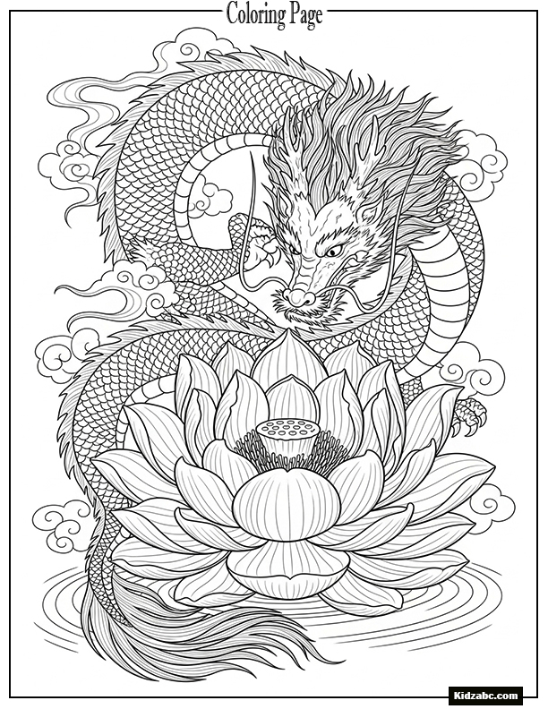 A dragon curled around a giant lotus