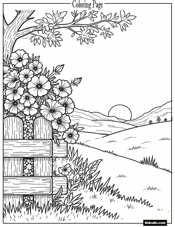 A fence covered in blooming morning glories with a sun rising in the distance.