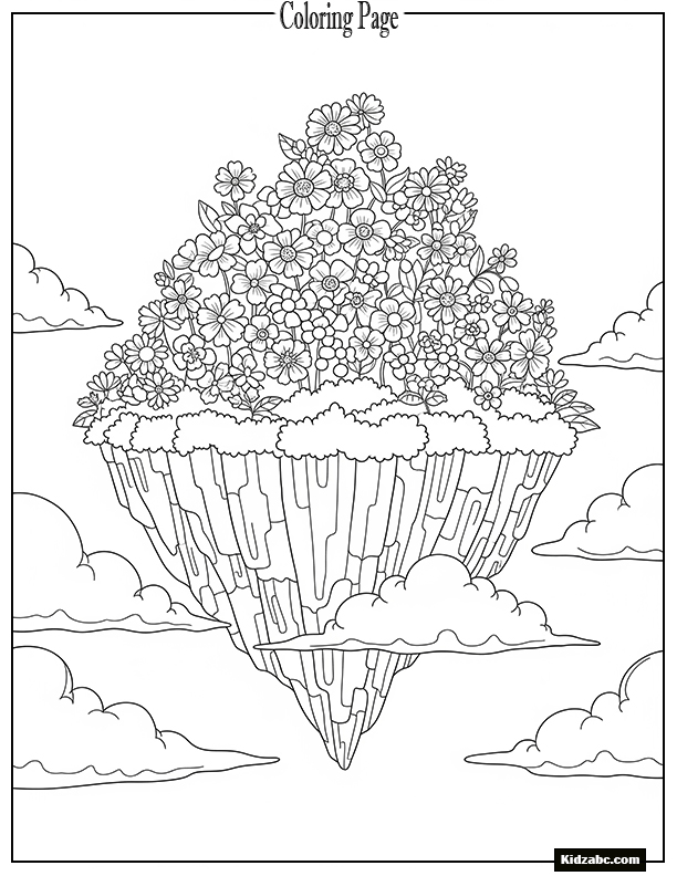 A floating flower island in the sky with clouds below