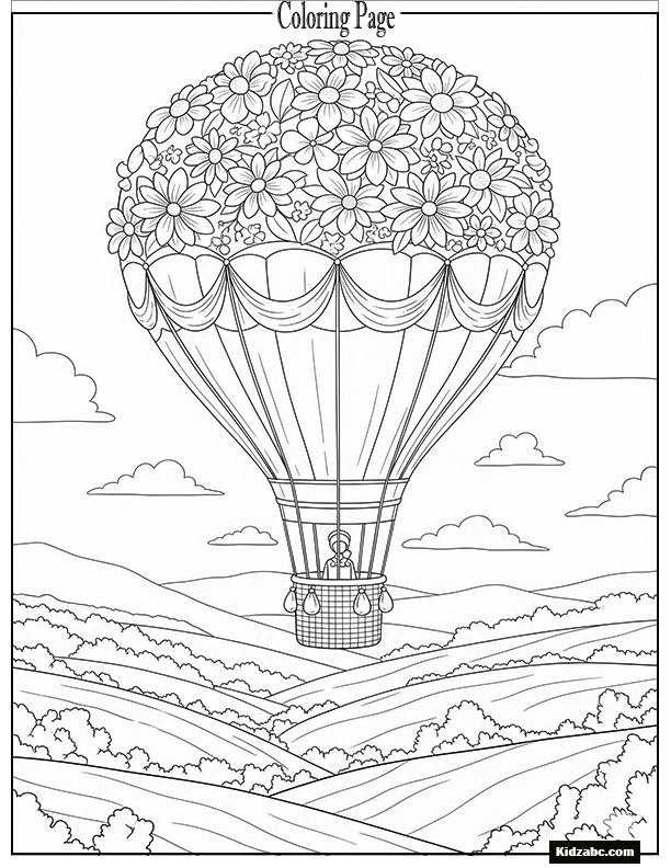 A flower-covered hot air balloon flying over valleys
