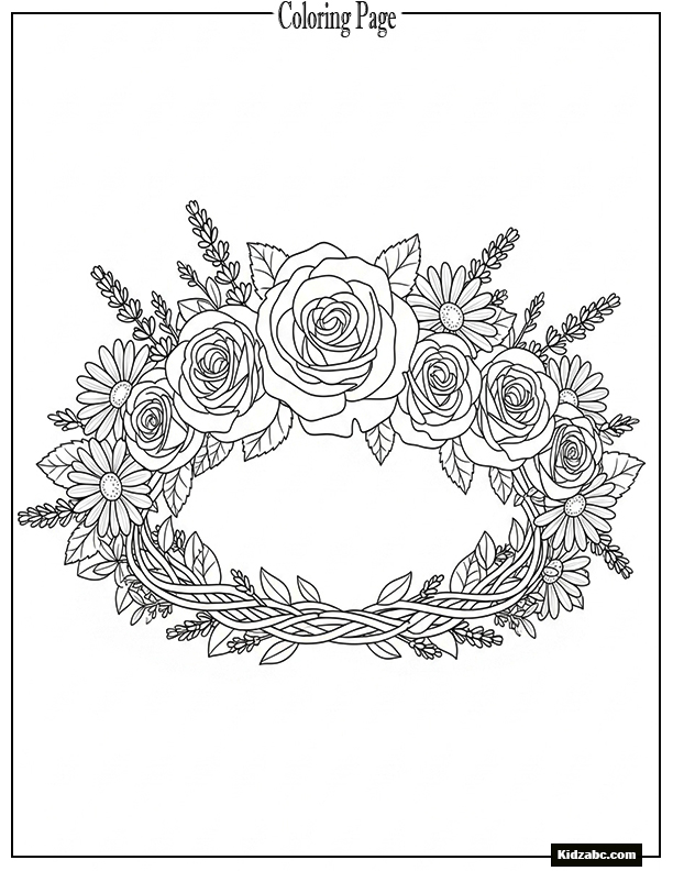 A flower crown made of roses, daisies, and lavender