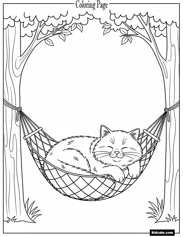 A fluffy cat sleeping in a hammock between two trees