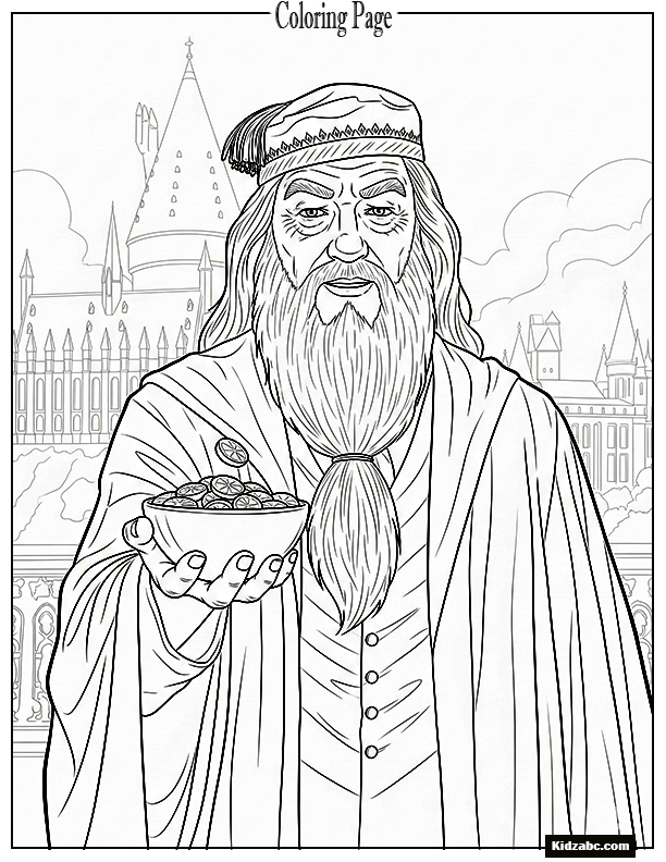 A friendly and approachable Dumbledore holding out a bowl 