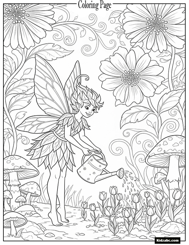 A garden fairy watering tiny tulips with a magical can