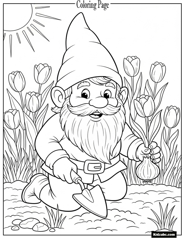 A garden gnome planting tulips in the morning sun