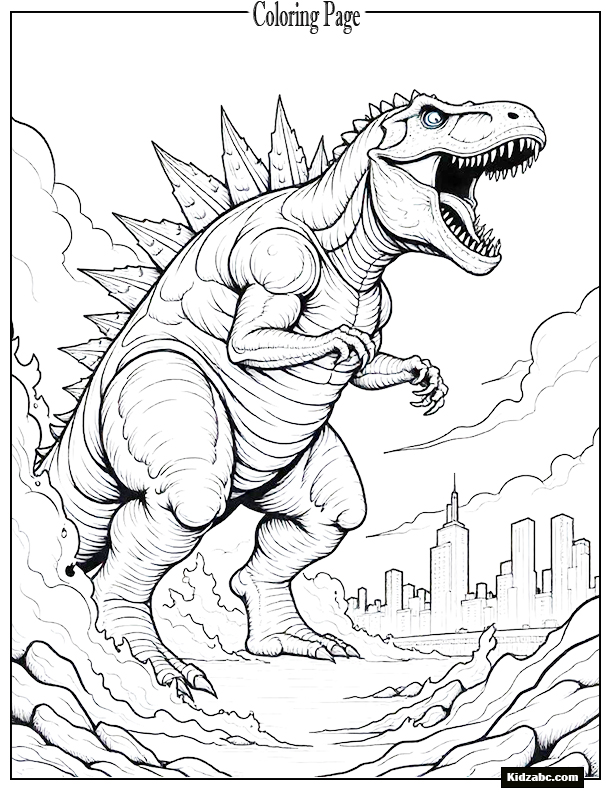 A giant dinosaur-like monster with spiky back plates roaring on top of a burning city skyline