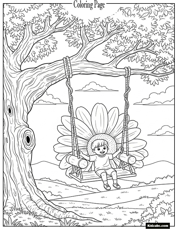 A giant flower-shaped swing hanging from a tree