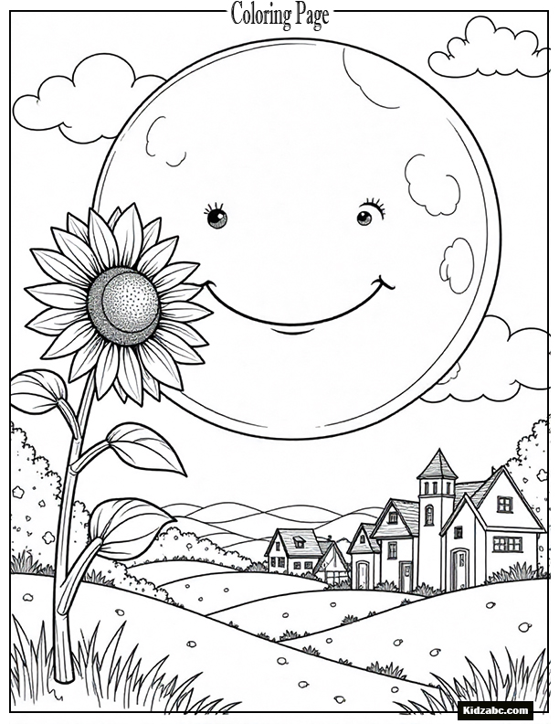 A giant smiling sunflower moon over a village