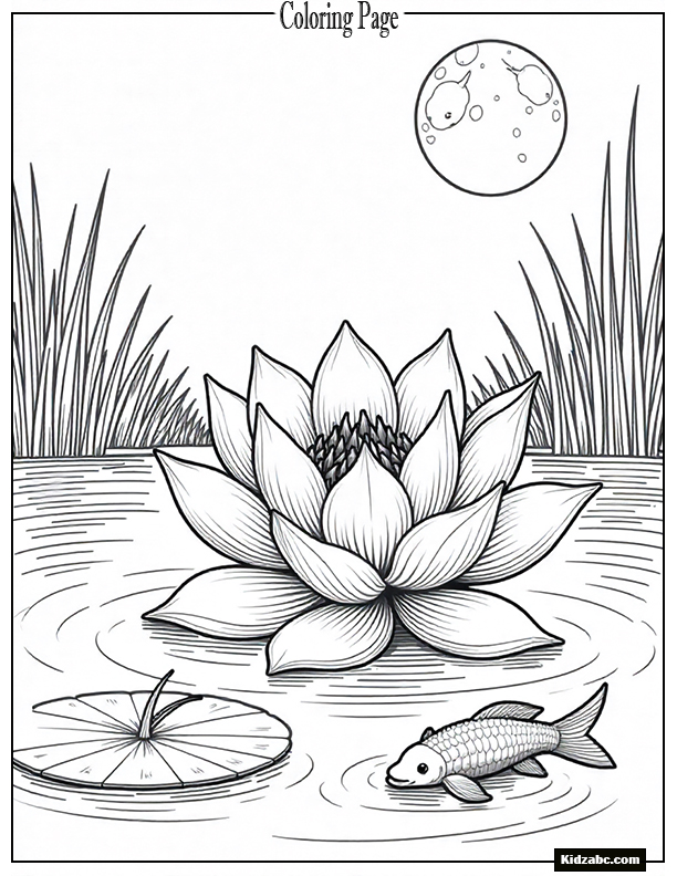 A glowing lotus floating on a tranquil pond under moonlight with koi fish beneath.