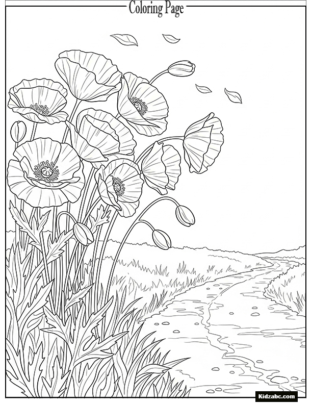 A group of poppies blowing in the wind beside a dirt path.