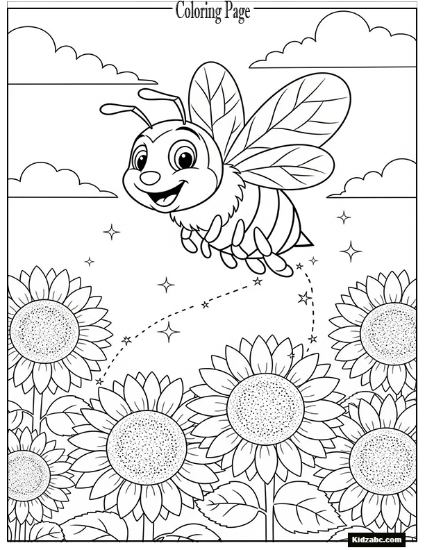 A happy bee flying over sunflowers with pollen sparkles