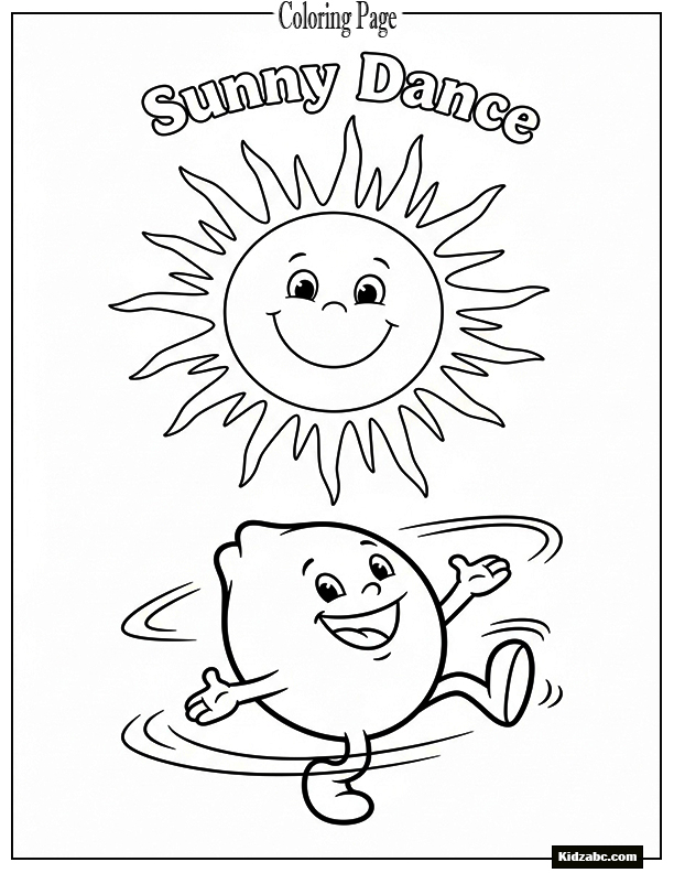 A happy lemon character does a Sunny Dance with the sun